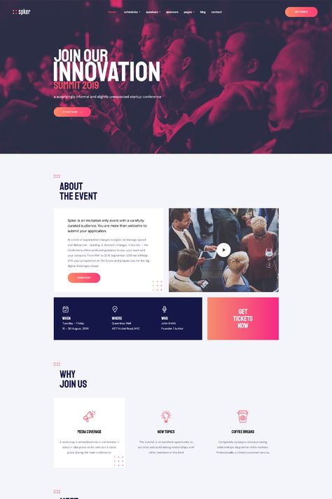 The "SPKER - Conference & Event WordPress Theme" is a theme designed for creating websites for conferences, events, seminars, workshops, and other similar gatherings. It provides various features and tools to help event organizers promote and manage their events effectively. Website Design Inspiration Business, Cute Powerpoint Templates, Conference Banners, Conference Themes, Website Layout Inspiration, Creating Websites, Website Design Inspiration Layout, E Ticket, Conference Event