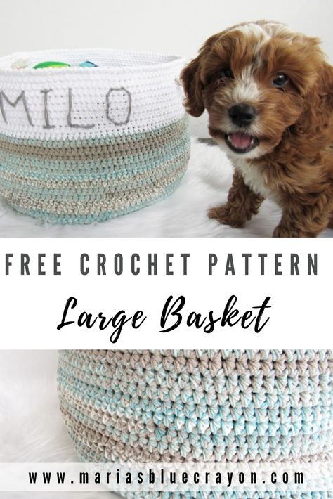 Crochet this large basket for all your organizational needs! Would be great to use for pet toys or even in the bathroom to store towels and toiletries! #crochet #large #basket Amigurumi Patterns, Crochet Large Basket, Large Crochet Basket, Crochet Round Basket, Diy Crochet Basket, Crocheted Baskets, Cotton Cake, Dog Toy Basket, Blue Crayon
