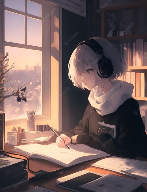 Premium AI Image | portrait of anime girl with introverted personality made by ai studying in room 022 Study Art Anime, Blue Moon Photography, Queen Anime, Chibi Anime Kawaii, Love Animation Wallpaper, Beautiful Art Pictures, Calming Music, Cartoon Character Pictures, Girly Art Illustrations