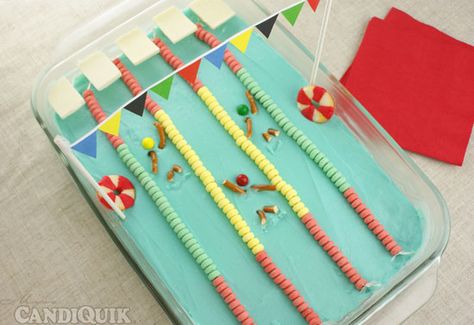 How fun is this Olympic swimming pool cake at Candiquik for your opening ceremony watching party? Olympic Party Food, Olympic Swimming Pool, Olympic Food, Sports Birthday Cakes, Pokemon Snacks, Swimming Pool Cake, Swimming Cake, Olympic Theme Party, Olympic Idea