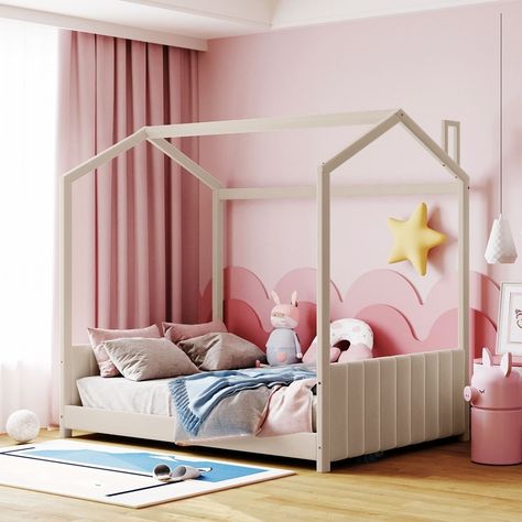 Twin/Full House Bed for Kids, Montessori Floor Bed Platform Bed with Headboard and Footboard, Velvet Twin/Full Bed with Roof Product Features [Playhouse Design with strips on Headboard] Featuring roof, this unique bed creates a fun and adorable space… Trundle Bed With Storage, House Beds For Kids, House Frame Bed, Bed Platform, Cabin Bed, Bed Upholstered, Bed Tent, Bed Wood, Toddler Furniture