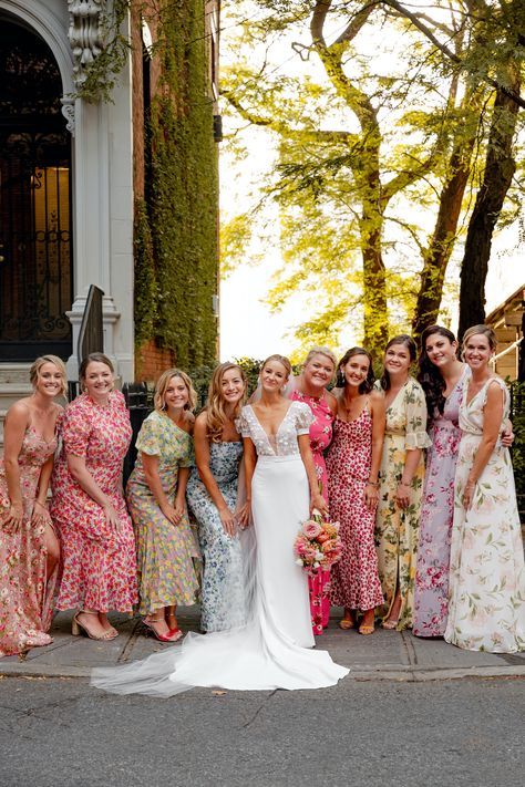 Bridesmaid Dresses Spring Mismatched, Wedding Dresses Size 6, Vibrant Bridal Party, Structured Bridesmaids Dresses, June Wedding Dress, Eclectic Bridesmaid Dresses, Playful Wedding, Inexpensive Wedding Flowers, Floral Bridesmaid Dresses