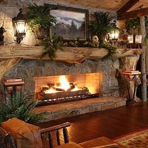 Primitive Homes, Log Home Decorating, Rustic Stone Fireplace, Country Living Room Design, Cabin Fireplace, Gorgeous Homes, Rustic Ideas, Fire Places, Wood Stoves