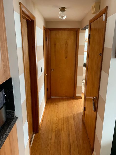 Updated Ugly Orange Doors Updating Wood Doors, Modern Rustic Doors Interior, Wooden Door Update, Update Wood Doors, Paint Wood Doors Interior, 70s Interior Doors, Oak Doors Hallway, Cover Door With Wood, Wide Doors Entrance