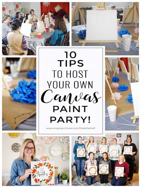 Tips to Host Your Own Canvas Painting Party with One Project Closer Paint Night Fundraiser Ideas, Wine And Canvas Party, Bachelorette Party Paint Night, Diy Painting Canvas Party, How To Host A Paint Night, Ladies Night Painting Ideas, Host A Painting Party Diy, Paint Parties Ladies, Diy Paint And Sip Party Ideas