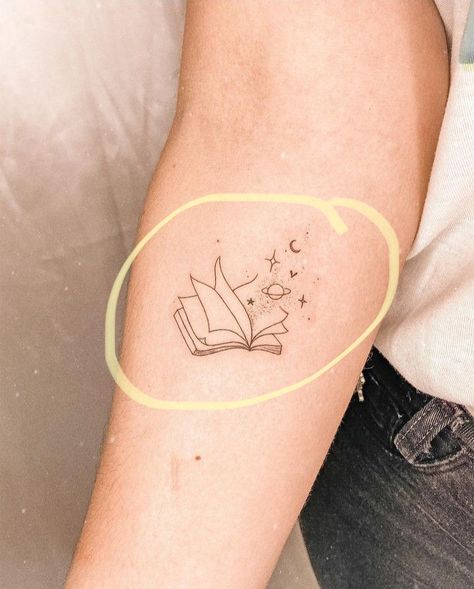 Galaxy Book Tattoo, Book And Music Tattoo, Book Inspired Tattoos Small, Tattoos For Readers Book Lovers, Readers Tattoo, Book Lover Tattoo Small, Tattoos For Writers, Bookish Tattoos Small, Fine Line Book Tattoo