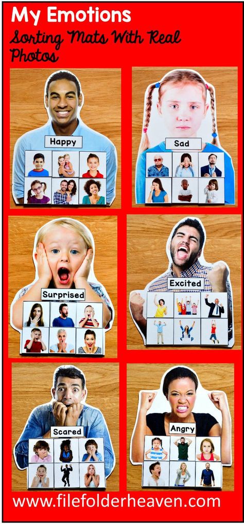 These Identifying Emotions Activities: Sorting Emotions With Real Photos include 6 unique sorting mats that focus on identifying emotions. Photos include men, women, children, and people from many cultures. (Please see preview photos for details.)  At an independent workstation, center or language group, students complete the following sorting and classification activities.  Sorting Happy Sorting Sad Sorting Angry Sorting Excited Sorting Surprised Sorting Scared Identifying Emotions, Teaching Emotions, Emotions Preschool, Emotions Activities, Social Emotional Activities, Sorting Mats, Social Emotional Development, Sorting Activities, Emotional Skills