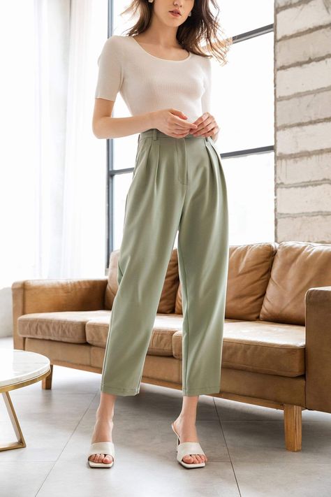 Brown And Sage Green Outfits, Kibbe Romantic Pants, Work Outfits Women Office Spring, Soft Classic Pants, Womens Trousers Outfits, Romantic Ingenue Style, Trouser Pants Outfits Casual, Kibbe Soft Classic Outfits, Business Casual Outfits For Women Summer