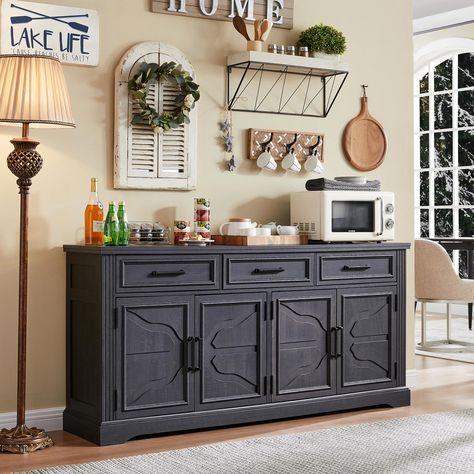 PRICES MAY VARY. Stunning Buffet Sideboard: Our Farmhouse Buffet Sideboard Cabinet is designed in a beautiful and elegant farmhouse style, adding a charming and rustic touch to any dining room or living area. Meet All Your Storage Needs: With its spacious design, this buffet sideboard offers ample storage for your dining essentials, including dishes, glassware, and cutlery. The four doors open up to reveal adjustable shelves, allowing you to customize the interior storage according to your needs Black Buffet Sideboard, Table Coffee Bar, Cabinet For Dining Room, Bar Storage Cabinet, Farmhouse Sideboard Buffet, Buffet Bar, Farmhouse Sideboard, Farmhouse Buffet, Farmhouse Tv