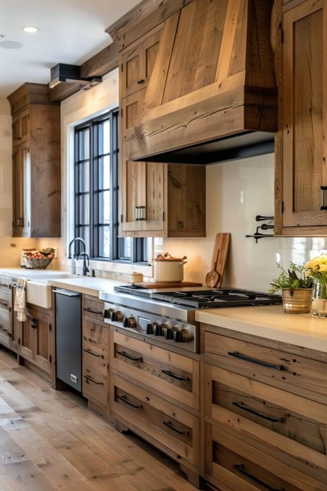 Explore modern farmhouse kitchen cabinet ideas that combine contemporary design with rustic charm. 🏠🌟 Rustic Farmhouse Cabinets, Modern Rustic Pantry, Farmhouse Kitchen Pantry Ideas, Kitchens With Copper Accents, Rustic Ranch Kitchen, Modern Farmhouse Cabinets, Light Brown Cabinets Kitchen, Kitchen Hood Ideas Farmhouse, Modern Farmhouse Kitchens Cabinets