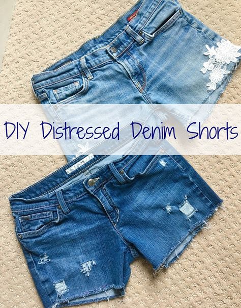 Goodwill jeans turned into distressed denim shorts!  Easy DIY with step-by-step directions. Couture, How Do You Distress Jeans, How To Make Cut Off Jean Shorts, How To Make Pants Into Shorts, Turning Jeans Into Shorts, How To Distress Jean Shorts, How To Make Jean Shorts, How To Cut Off Jeans Into Shorts, Diy Ripped Jean Shorts