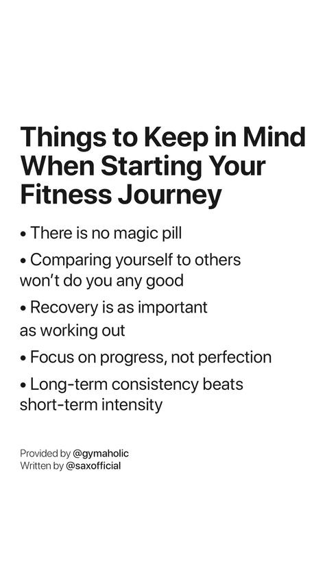 Things to keep in mind when starting your fitness journey: - There is no magic pill - Comparing yourself to others won’t do you any good - Recovery is as important as working out - Focus on progress, not perfection - Long-term consistency beats short-term intensity Gymaholic App: https://www.gymaholic.co/ #fitness #motivation #workout #gymaholic #fitness #training Start Workout Quotes, Why Workout Quotes, Excerise Motivational Quotes, Come To Terms Quotes, Starting Over Fitness Quotes, Gym Journey Quotes, Starting To Workout Again Quotes, Starting Over Quotes Fitness, Progress Motivation Quotes