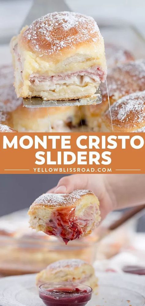 Monte Cristo Sandwich Sliders are the classic sandwich, in "mini" form. Perfect for parties, or just when you want something delicious and a little different and fun. #gameday #appetizers #sliders Sliders Monte Cristo, Little Sandwiches For A Party, Mini Sandwiches For Parties, Monte Cristo Sliders, Sandwich Sliders, Resep Sandwich, Roast Beef Sandwich, Monte Cristo Sandwich, Slider Sandwiches