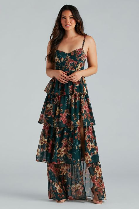 Bridesmaid Dresses, Outfits, Jewelry & More | Windsor Floral Maxi Dress Bohemian, Long Dark Green Floral Dress, Emerald Green Floral Bridesmaid Dresses, Western Formal Dresses For Women, Country Prom Dress, Floral Prom Dress Vintage, Formal Boho Dress, Hippie Formal Dress, Country Wedding Guest Outfit