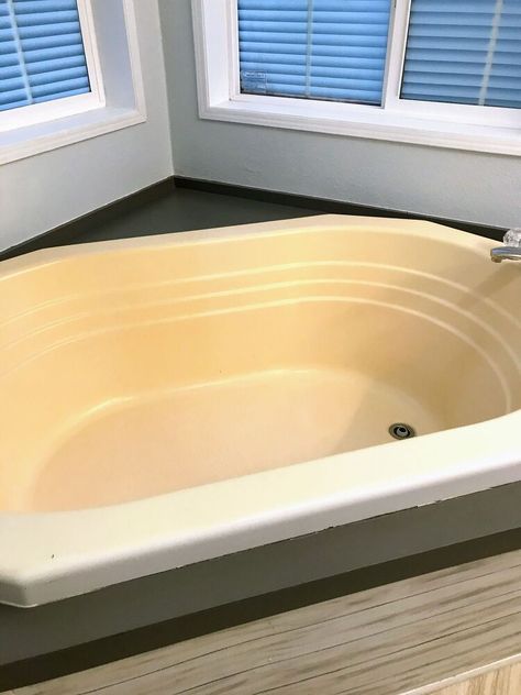 Hello there. If you have a fiberglass bathtub that has yellowed, this may help you decide on what to do with it.Here is a brief post on how I updated our manufactured home's garden style fiberglass bathtub with paint. I go into more details over at K's Olympic Nest (link below) so hopefully you will check that out as well. Our garden tub happens to sit below two windows. Over time it yellowed and no matter what I tried, I couldn't bring it back to it's once upon a time shining white.… Epoxy Spray Paint, Nuvo Cabinet Paint, Garden Bathtub, Tub Enclosures, Acrylic Tub, Wall Paneling Diy, Plastic Trim, House Blinds, Soaker Tub