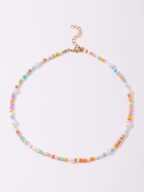 Multicolor Vacation   Glass   Embellished   Jewelry Shein Beaded Necklace, Beaded Color Combinations, Beades Necklaces, Cute Glass Bead Bracelets, Seed Bead Necklace With Pearl, Sunset Bead Bracelet, Beaded Necklace Color Combos, Chain And Bead Bracelet, Czech Bead Necklace