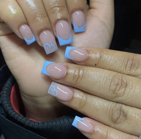 Cute Nail Designs Gel French Tips, Blue Cute Nails Short, Short Acrylic Blue Nail Designs, Short Natural Acrylic Nails With Designs, Medium Length Nails Acrylic Square Blue, Acrylic Blue French Tip Nails, 1.5 French Tip Sky Blue, Short Medium Nails Acrylic Blue, Natural Nail Ideas Square