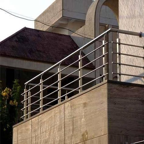 Stainless Steel Balcony Railing Design Stainless Steel Window Grill, Balcony Railing Design Modern, Steel Balcony, Glass Stair, Metal Deck Railing, Window Grills, Glass Railing Stairs, Steel Railing Design, Outdoor Stair Railing
