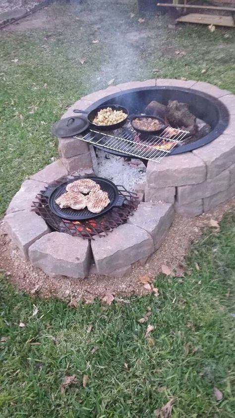 Like this fire pit One Sided Fire Pit, Cooking Firepits Backyard Diy, Fire Pit Barbecue, Outdoor Cooking Fire Pit, Diy Bbq Pit Ideas, Fire Pit Landscaping Pavers, Outdoor Spaces Ideas Backyard, Fire Pit For Cooking, Cooking Fire Pit