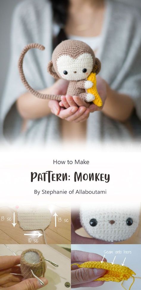 Amigurumi Patterns, Diy Crochet Animals, Crochet Toy Patterns, Crochet Monkey Pattern, Dinosaur Amigurumi, Amigurumi Monkey, Small Bunny, Crochet Monkey, Monkey Pattern