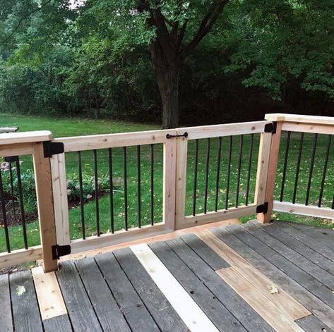 Wood Frame With Metal Balusters Design Ideas For Deck Gate Back Porch Gate Ideas, Fenced In Deck Ideas, Modern Back Deck Ideas, Gated Patio Ideas, Diy Patio Gate, Dog Gate Outdoor Backyards, Diy Metal Gate Outdoor, Deck Ideas For Dogs, Gate On Porch