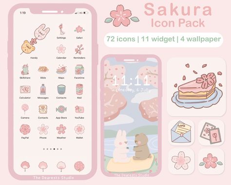 Wallpaper And Icon Pack, Cute Sakura Wallpaper, Cozy App Icons, Free Themes For Android, Cute Icon Pack, Wallpapers Cherry Blossom, App Icon Pack Free, App Icon Kawaii, Kawaii App Icons