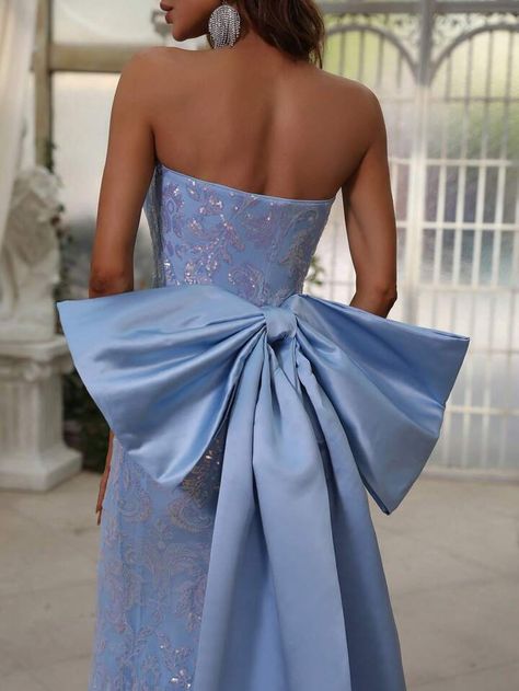 Prom Dresses With Bows, Prom Dress With Bow On Back, Baby Blue Mermaid Prom Dress, Tube Prom Dress, Shein Wedding, Bow Prom Dress, Baby Blue Prom Dress, Big Prom Dresses, Prom Dress With Bow