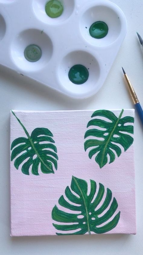 claudiaandacanvas on Instagram: Monstera deliciosa plant leaves 🌿 . . . Starting a new mini canvas series! If you have a favorite plant / leaf / flower / succulent type… Tela, Monstera Painting Easy, Plant Easy Painting, Monstera Deliciosa Painting, Mini Canvas Art Green, Simple Paintings Acrylic, Mini Cute Paintings, Easy Food Paintings, Easy Green Painting Ideas