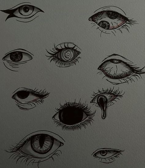 Eyes Everywhere Art Creepy, Obsession Eye Drawing, Many Eyes Drawing Creepy, Scary Eyes Drawing Easy, Possessed Eyes Drawing, Edgy Eye Drawing, Eye Drawing Y2k, No Pupil Eyes Drawing, Lots Of Eyes Drawing Creepy