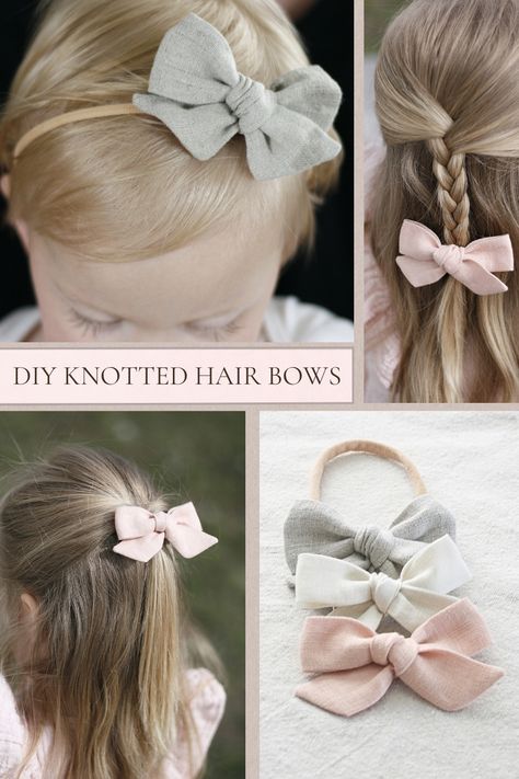 This super quick sewing tutorial will show you how you can sew the easiest DIY knotted hair bows possible, with tails that actually match!  Free PDF pattern included.  They can be used on nylon headbands, hair elastics, and hair clips. These make perfect gifts for baby showers, birthdays, back to school, etc. Make these DIY knotted hair bows in linen to blend seamlessly with styles like boho, cottagecore, vintage, and classic. They would also be adorable in a printed cotton! Baby Bow Sewing Pattern, Hair Bow Sewing Pattern Free, Infant Bows Headband Diy, How To Sew Hair Bows, Diy Baby Girl Bows, Hair Bow Sewing Pattern, Diy Hairbow Tutorial, How To Tie A Hair Bow, Diy Boho Headband