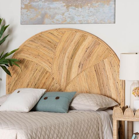 I love how interesting and artistic this is without being obnoxious! For the bedroom refresh! bali & pari Seana Natural Rattan Standalone Headboard for bed, King, Honey Furniture #bedroomdecor #homedecor #naturalwood #neutralwood #neutraldecor #boho #bohohome #bohemian #whimsicalhome #decorrefresh #decorinspo #decorationinspo #homeinspiration #bedinspiration #bedroom inspiration #ideasforbedroom #bedroomideas #decorideas #homedecorideas Standalone Headboard, Bedroom Backdrop, Rattan Bedroom, Brown Headboard, Boho Headboard, Rattan Headboard, Wicker Headboard, Headboard With Lights, Bedding Inspiration