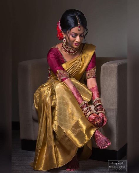 30+ Bridal Pattu Sarees Worn By Real Brides - FabWeddings.in South Indian Bride Saree, South Indian Wedding Saree, Golden Saree, Bridal Sarees South Indian, Saree Bollywood, Indian Bridal Sarees, Wedding Saree Blouse, Silk Saree Kanchipuram, Wedding Saree Blouse Designs