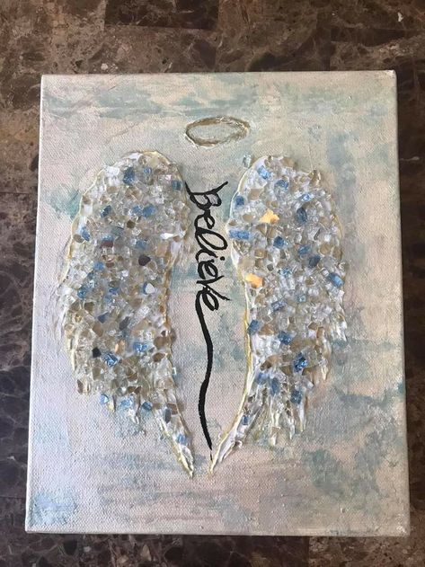 Painting Angels On Wood, Angel Glass Art, Textured Angel Wings Painting, Angel Painting Easy, Crushed Glass Art On Canvas, Crushed Glass Resin Art, Resin Glass Art, Shattered Glass Art, Crushed Glass Art