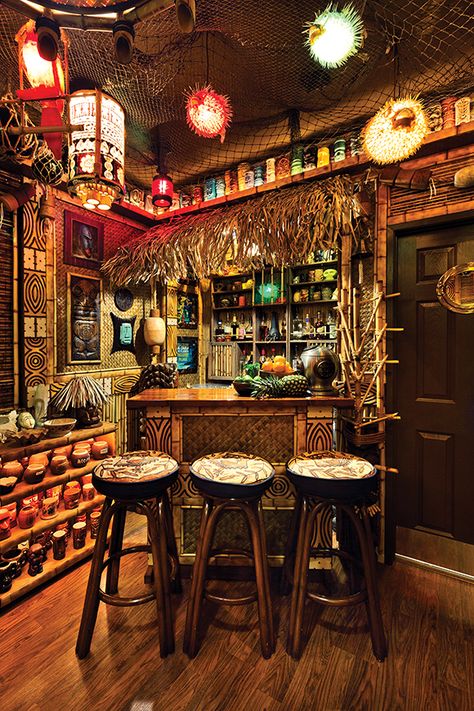 How To Outfit Your Home Tiki Bar - Imbibe Magazine Tiki Bar Flooring, Tiki Room Ideas, Bar Vintage Decoracion, Indoor Tiki Bar, Tiki Bar Design, Tiki Bars Backyard, Vintage Bars, Bohemian Bar, Home Tiki Bar