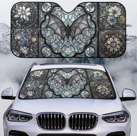 Cool Car Customization, Car Sun Shade Windshield, Gothic Car Interior Decor, Car Decorations Interior Cottagecore, Goth Car Mods, Whimsigoth Car Decor, Maximalist Car Decor, Star Car Accessories, Car Assories Interior