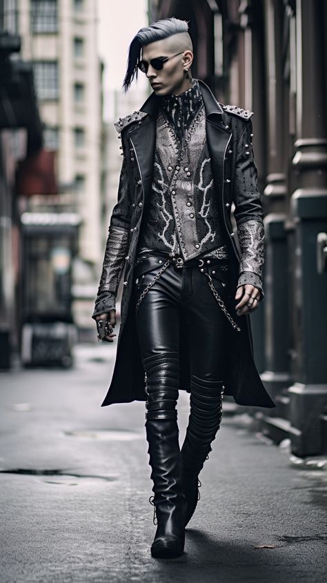 Goth man created with AI by Amanda Church Goth Male Character Design, Gothic Mens Outfits, Men's Gothic Fashion, Goth Wedding Men, Mens Vampire Fashion, Male Gothic Fashion, Men Goth Outfit, Gothic Men Outfit, Men’s Goth Fashion