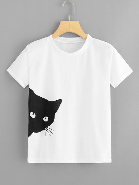 Cat Print Tee -SheIn(Sheinside) Tshirt Diy, T Shirt Painting, Shirt Design Inspiration, 자수 디자인, Shirt Print Design, Cooler Look, Painted Clothes, Creation Couture, Tee Shirt Designs