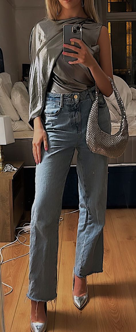 Silver Wedges Outfit, Prada Silver Slingback Outfit, Silver Heels Outfit Casual Chic, Shiny Heels Outfit, Silver Shoes And Bag Outfit, Chrome Pumps Outfit, Scandi Going Out Style, Silver Pointed Heels Outfit, Silver Mules Outfit