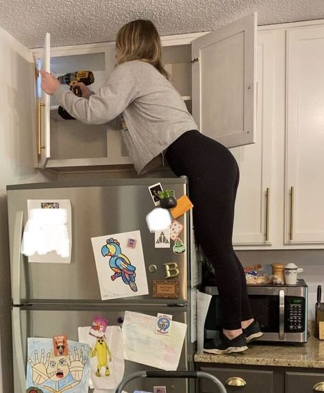 Take Doors Off Kitchen Cabinets, Taking Doors Off Kitchen Cabinets, Doors Off Kitchen Cabinets, Over Fridge Ideas, Open Shelf Above Fridge, Removing Kitchen Cabinet Doors, Shelves Above Fridge, Cabinets Above Refrigerator, Above Fridge Ideas