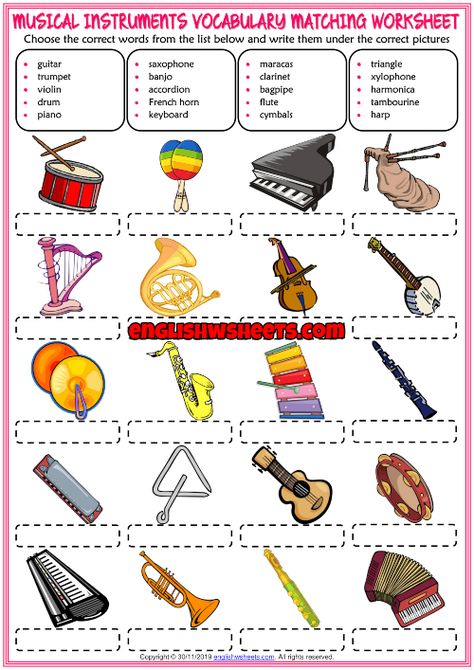 Musical Instruments ESL Matching Exercise Worksheet For Kids Music Activities For Kids, Elementary Music Worksheets, Music Conductor, Music Vocabulary, Music Basics, Test For Kids, Music Theory Worksheets, Music Teaching Resources, Kids Musical Instruments