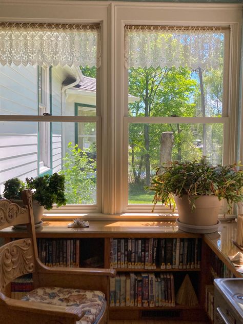 Under The Window Ideas, Bay Window Aesthetic, Bookshelf Around Window, Bookshelf Under Window, Bay Window Plants, Warm Summer Aesthetic, Book Window, Library Window, Aesthetic Library