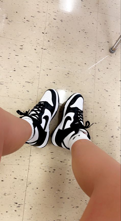 Pandas, How To Style High Top Panda Dunks, Outfit With Nike Panda Dunks, Black High Top Dunks Outfit, Nike Black And White Dunks Outfit Woman, Preppy Panda Dunk Outfits, Black And White High Top Dunks Outfit, Panda Jordans Outfit, Dunks Shoes High Top