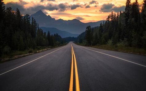 Download wallpapers asphalt road, mountain landscape, sunset, forest, Alberta, Canada Active Wallpaper, 1366x768 Wallpaper, Iphone 6s Wallpaper, 1366x768 Wallpaper Hd, Empty Road, Desktop Background Images, Laptop Backgrounds, Hd Nature Wallpapers, Country Roads Take Me Home