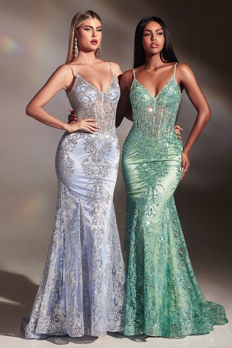 Cinderella Divine J810 Sparkling Mermaid Corset Dress with Sheer Bodice & Lace Embroidery Sheer Bustier, Bodice Corset, Gala Event, Corset Gown, Gorgeous Prom Dresses, Cinderella Divine, Trendy Prom Dresses, Prom Dresses Long Mermaid, Draped Neckline