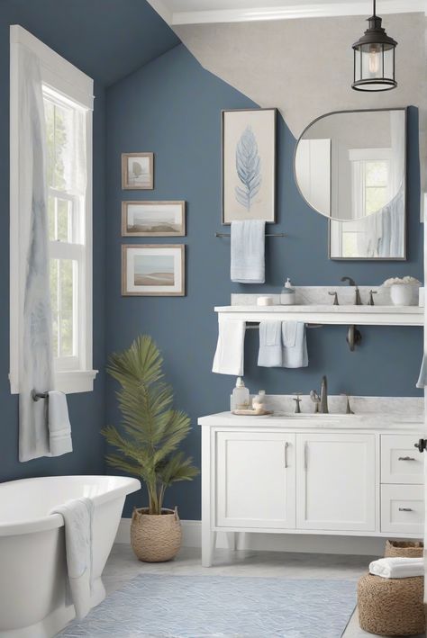 Explore the daily design routine of an interior designer and discover how Charcoal Blue (SW 2739) can create a moody and sophisticated vibe in your coastal bathroom space. Dive in! #Ad #homedecor #homedesign #bathroom #Painthome interiorarchitecture best Wall Colors for Bathroom Colors Bright Room Colors best colors combinations bathroom bathroom Remodeling Modern Paint Colors 2024 Bathroom Blue Gray Paint Colors, Bathroom Colors To Make It Look Bigger, Blue Bathroom Walls Ideas, Guest Bathroom Ideas Colors, Gray Blue Bathroom Walls, Sherwin Williams Blue Bathroom Paint, Dark Blue Guest Bathroom, Grey And Blue Bathroom Ideas Colour Schemes Master Bath, Sw Luxe Blue