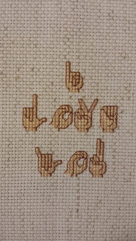 ASL "I love you" cross-stitch! Untitled Goose Game Cross Stitch, Cross Stitch Love Patterns, I Love You Cross Stitch, Cross Stiching Ideas, Aesthetic Cross Stitch, Cross Stitch On Clothes, Pixel Art Love, Love Cross Stitch Pattern, Cross Stitch Embroidery Patterns