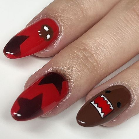 part 1 of my domo x pucca set Match Nail Ideas, Jelly Nail Inspo Short, Bad Nail Designs, Y2k Nails 2000s, Almond Alt Nails, Ramona Flowers Nails, Kimi Ni Todoke Nails, Designs For Black Nails, Soul Eater Nails Short