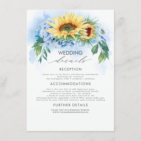 Dusty Blue Hydrangea, Blue Wedding Details, Yellow Wedding Theme, Wedding Directions, Sunflower Themed Wedding, Dusty Blue Wedding, Sunflower Wedding Invitations, Wedding Information, Yellow Sunflowers