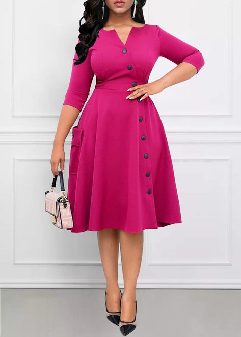 ROTITA Breathable Hot Pink Split Neck Dress | Rotita.com - USD $36.98 Quarter Length Sleeve Dress, Split Neck Dress, Fashion Work Outfit, Corporate Dress, Smart Casual Dress, Latest Dress For Women, Corporate Attire, Stylish Work Attire, Modest Dresses Casual