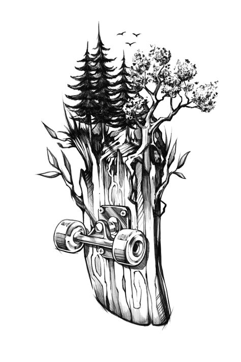 Nature, Skateboarding Tattoo Ideas, Skate Drawing Skateboards, Skateboard Tattoo Design, Tattoo Illustration Sketches, Drawing Ideas Forest, Cute Forest Drawing, Skate Board Tattoo, Tattoo Drawings Sketches Unique